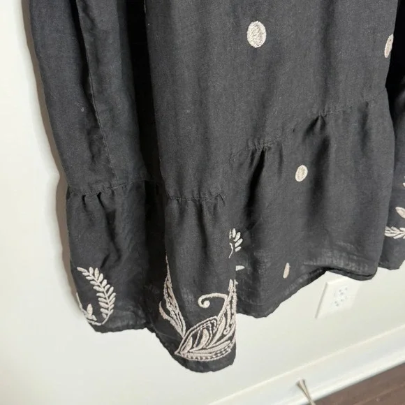 Johnny Was Black Linen Embroidered Frankie Tiered Field Dress Bird Boho Large - Picture 12 of 15